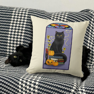 Art Nouveau Schwarze Katze Kürbis Lila Herbst Gelb Kissen