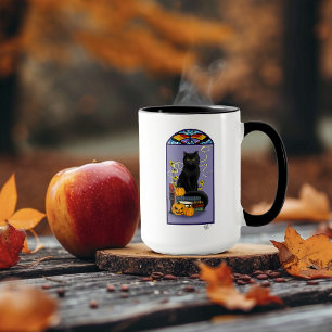 Art Nouveau Schwarze Katze Kürbis Lila Herbst Gelb Tasse