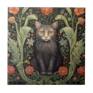 Art nouveau schwarze Katze und rote Blumen Fliese