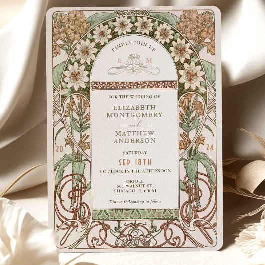 Art Nouveau Sepia & Cream Floral Wedding Einladung