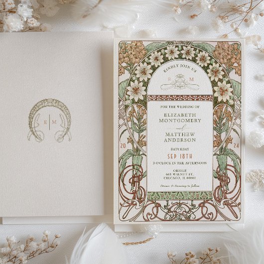 Art Nouveau Sepia & Cream Floral Wedding Einladung