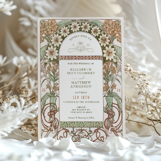 Art Nouveau Sepia & Cream Floral Wedding Einladung