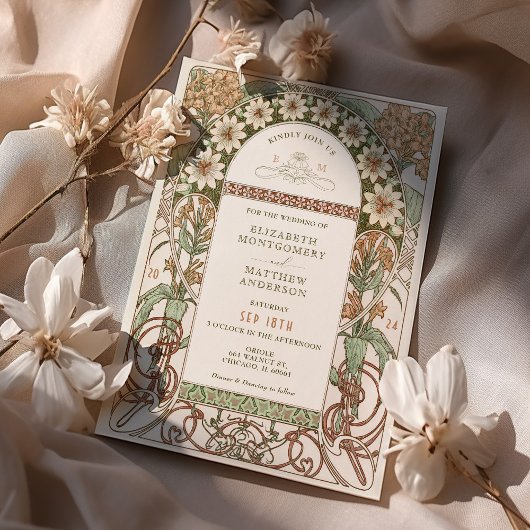 Art Nouveau Sepia & Cream Floral Wedding Einladung