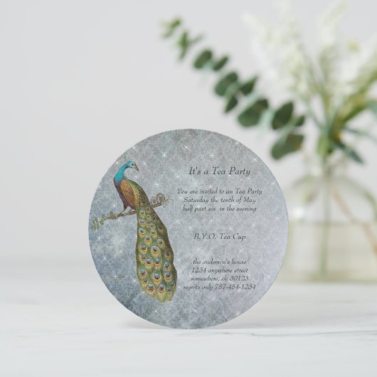 Art Nouveau Silver Metallic Peacock Party Einladung (Stehend Vorderseite)