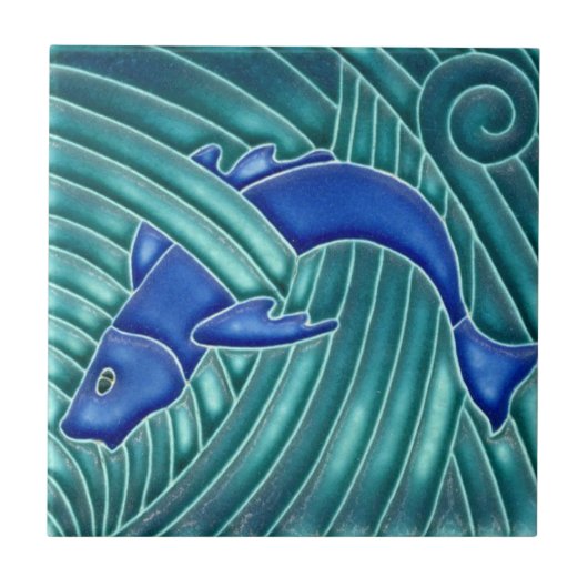 Art Nouveau - Single Blauer Fisch Fliese (Vorderseite)