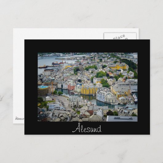 Art Nouveau Stadt Alesund schwarzer Text Postkarte (Vorne/Hinten)