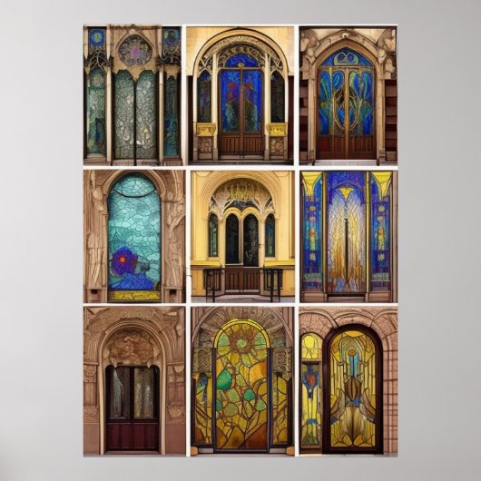 Art Nouveau Stained Glass Building Street Door Poster (Vorne)
