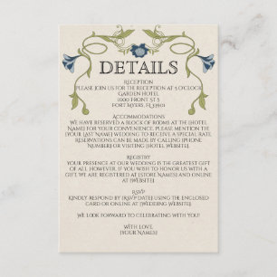 Art Nouveau Staubblau Marine Blumen Grüne Hochzeit Begleitkarte