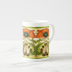 ART NOUVEAU STYLIZED GREEN RED POPPY PORZELLANTASSE