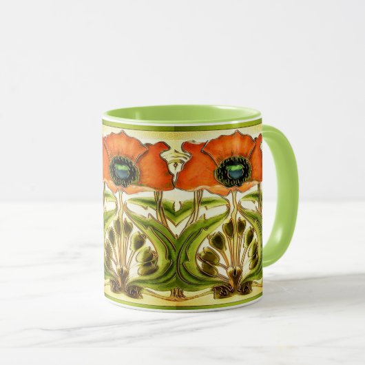 ART NOUVEAU STYLIZED GREEN RED POPPY TASSE (VorderseiteRechts)