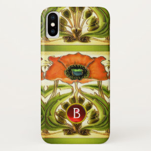 ART NOUVEAU STYLIZIERTES GREEN RED POPPY GEM MONOG iPhone X HÜLLE