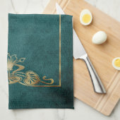 Art Nouveau Suede Look elegante goldgrüne Lotus Geschirrtuch (Viertel Falte)