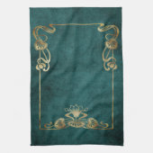 Art Nouveau Suede Look elegante goldgrüne Lotus Geschirrtuch (Vertikal)