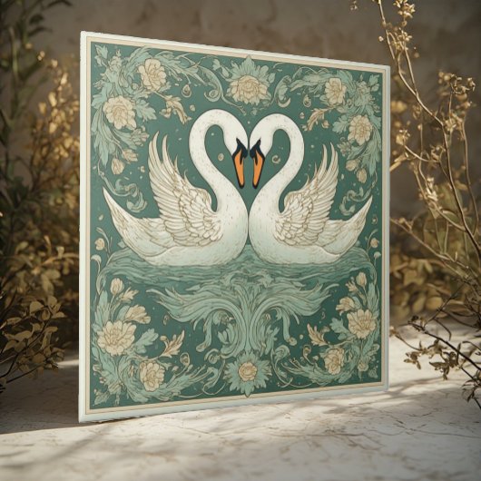 Art Nouveau Swan Couple Decorative Lake Scenery  Fliese
