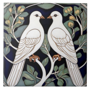 Art Nouveau Tauben Weiß Vögel Art Deco Fliese