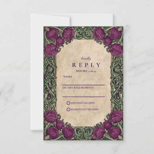 Art Nouveau Thistle Wedding RSVP Karte (Vorderseite)