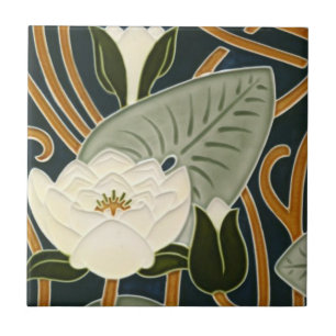 Art Nouveau Tiles - White Water Lily Blossom Fliese