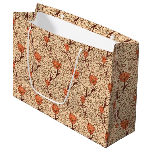 Art Nouveau Tulip Damask, Coral Orange und Beige Große Geschenktüte (Vorderseite Schrägansicht)