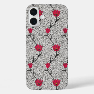 Art Nouveau Tulip Damask, Grau und Rot iPhone 16 Plus Hülle
