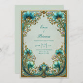 Art Nouveau Turquoise Floral Gilded Wedding Einladung (Vorne/Hinten)