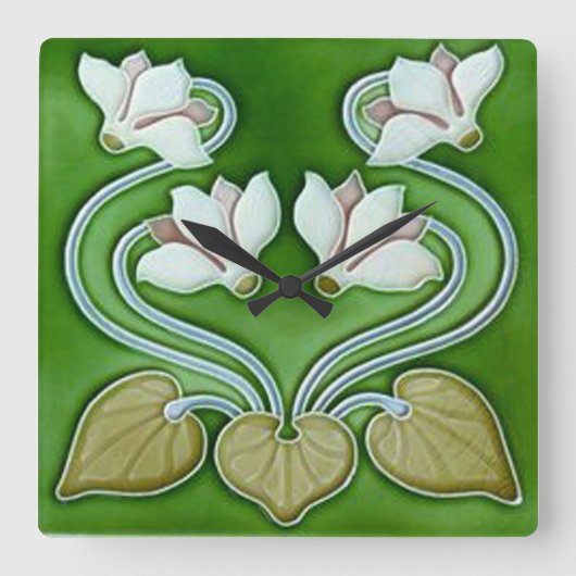 Art Nouveau Vintage Flowers Ceramic Tile Quadratische Wanduhr (Vorderseite)