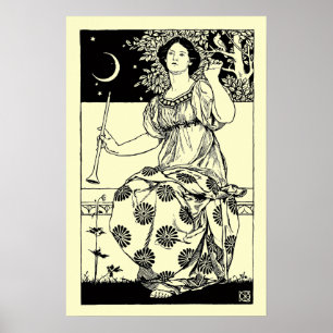 Art Nouveau Vintage-Frau mit Klarinette und Mond Poster