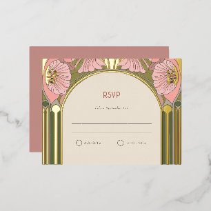Art Nouveau Vintage Rosa Grün Gold Hochzeit RSVP Folien Feiertagspostkarte