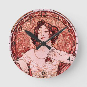 Art Nouveau Vintage The Ruby von Alphonse Mucha  Runde Wanduhr