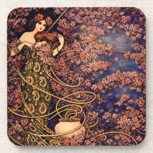 Art Nouveau Violinistin in Blüten – Vintage Floral Getränkeuntersetzer