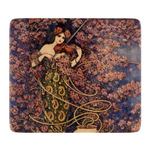 Art Nouveau Violinistin in Blüten – Vintage Floral Schneidebrett