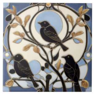 Art Nouveau Vögel in Schwarzkrähen Art Deco Vogel Fliese