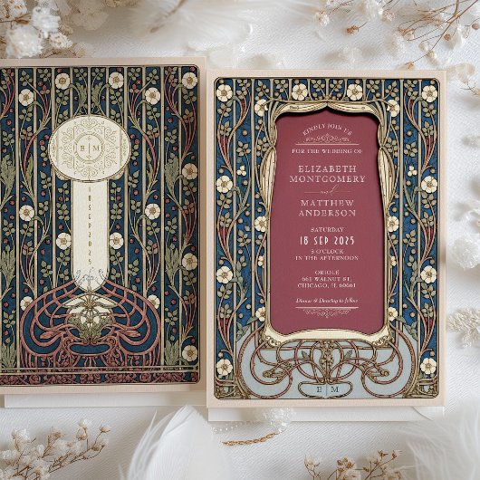 Art Nouveau Wedding Burgundy & Navy Floral Einladung