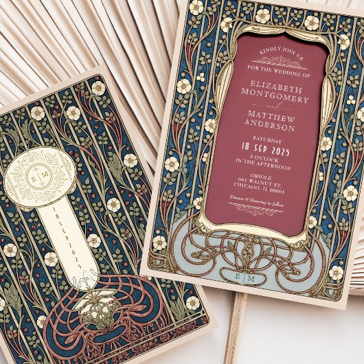 Art Nouveau Wedding Burgundy & Navy Floral Einladung