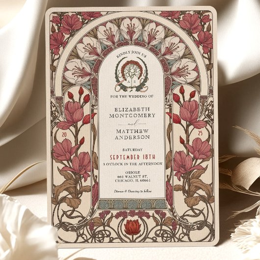 Art Nouveau Wedding Burgundy und Ivory Florals Einladung