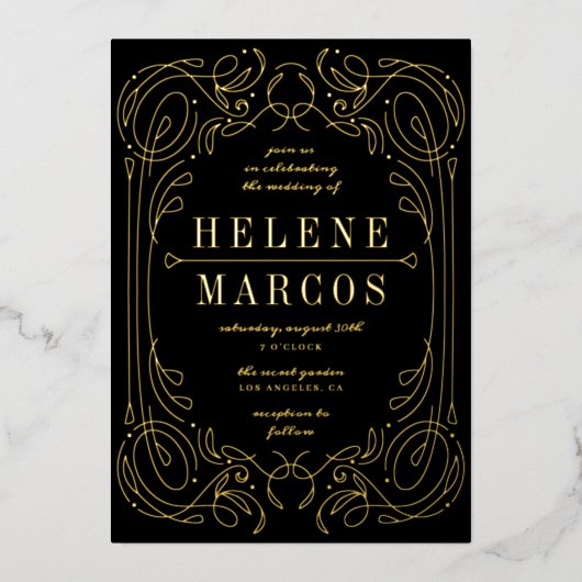 Art Nouveau Wedding Flows Linework Black Gold Folieneinladung (Vorderseite)