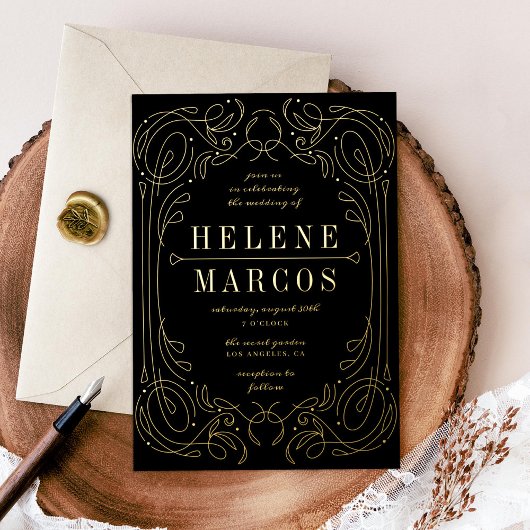 Art Nouveau Wedding Flows Linework Black Gold Folieneinladung