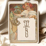 Art Nouveau Wedding Menu Card Einladung<br><div class="desc">Fügen Sie Ihrem Hochzeitstisch eine Touch Eleganz mit dieser im Jugendstil inspiriert Menükarte hinzu. Dieses Design mit einer raffinierten Frau, die einen Candelabra hält, verbindet fließendes Marineblau, warmes Gold und weiche Cremefarben zu einer zeitlosen und luxuriösen Ästhetik. Die Vorderseite zeigt eine Vintage Figur und eine fette "Menu"-Typografie, während die Rückseite...</div>