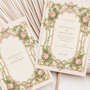Art Nouveau Wedding Pink Roses und Grüne Einladung