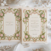 Art Nouveau Wedding Pink Roses und Grüne Einladung