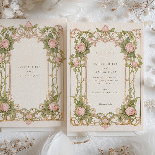 Art Nouveau Wedding Pink Roses und Grüne Einladung