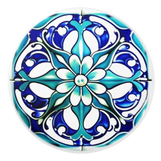 Art Nouveau White Aqua Blue Geometric Keramikknauf (Vorderseite)