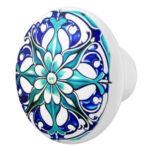 Art Nouveau White Aqua Blue Geometric Keramikknauf (Rechts)
