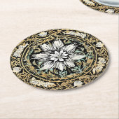 Art Nouveau White Floral Runder Pappuntersetzer (Angewinkelt)