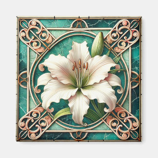 Art Nouveau White Liege Blume Motif Magnet