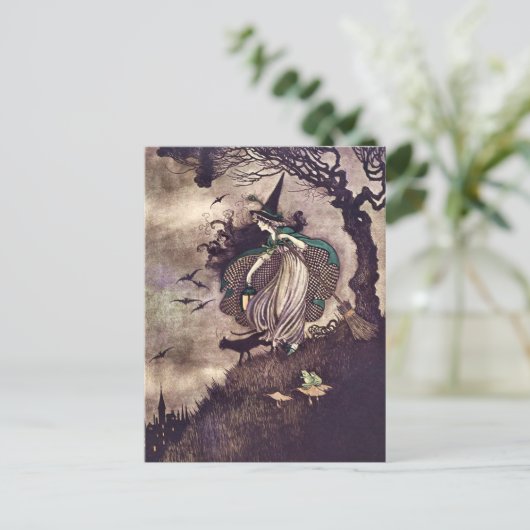 Art Nouveau Witz Under Trew Cat Frog Broom Postkarte (Stehend Vorderseite)