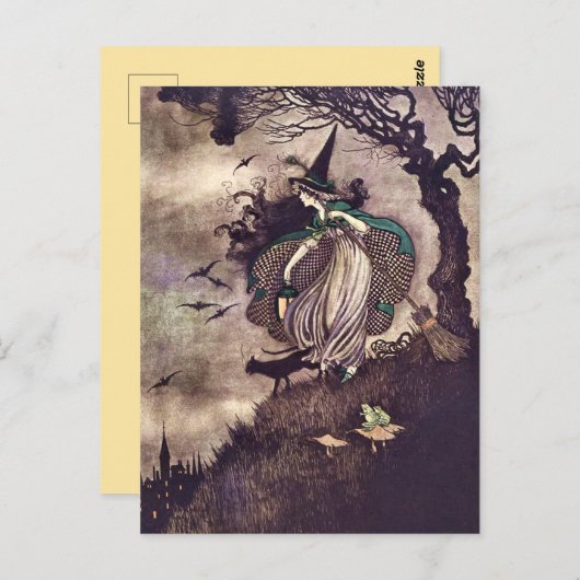 Art Nouveau Witz Under Trew Cat Frog Broom Postkarte (Vorne/Hinten)