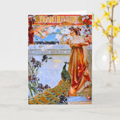 Art Nouveau Woman and Peacock Karte (Gelbe Blume)