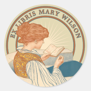 Art Nouveau Woman & Book 1900 Ex Libris Template Runder Aufkleber