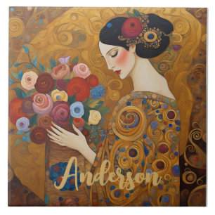 Art Nouveau Woman Floral Gold Fliese