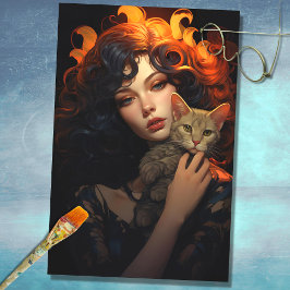 Art Nouveau Woman mit Cat 1 Decoupage Paper Seidenpapier